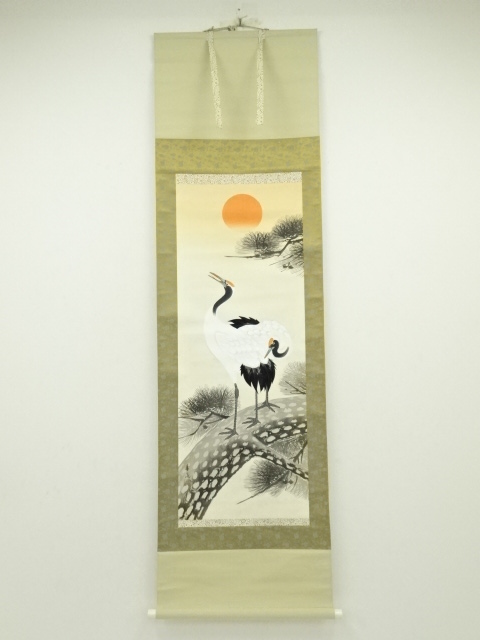JAPANESE HANGING SCROLL / HAND PAINTED / CRANES WITH PINE TREE
